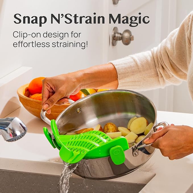 Kitchen Gizmo Snap N' Strain Clip On Strainer for Pots and Pans - Collapsible Silicone Pasta Strainer and Kitchen Gadget for Cooking - Easy to Use, Heat Resistant and Space Saving Colander - Green