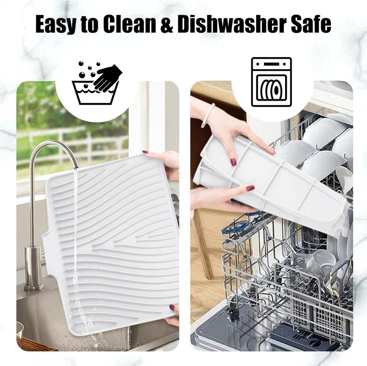 Dish Drying Mat, Stone Drying Mat for Kitchen Counter with Built-in Drain, Non-Slip Drying Matt Kitchen Counter, Heat Resistant Silicone Drying Mat,Dish Drying Pad,2 Pcs(15.8"X13",Ivory)