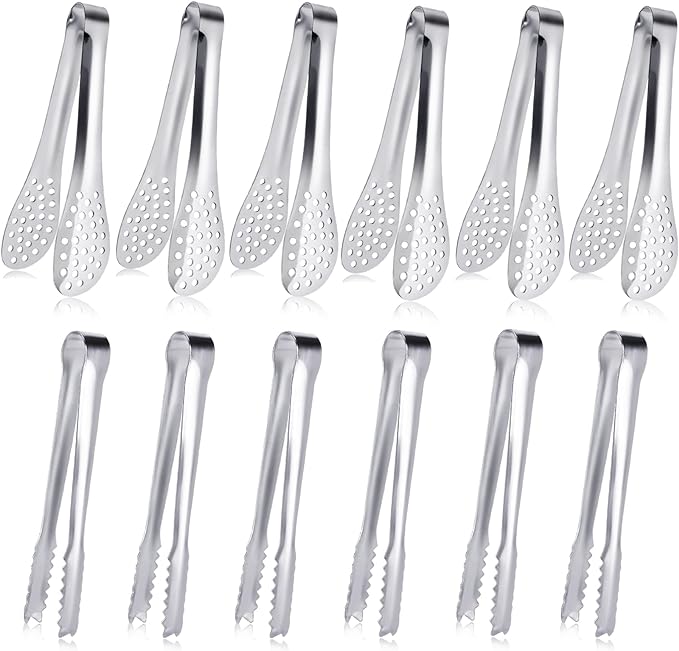 JCREN 12 Pack Mini Tongs - Small Stainless Steel Food Tongs for Serving Appetizers, Tea Party, Coffee, Desserts - 5 inch - Silver