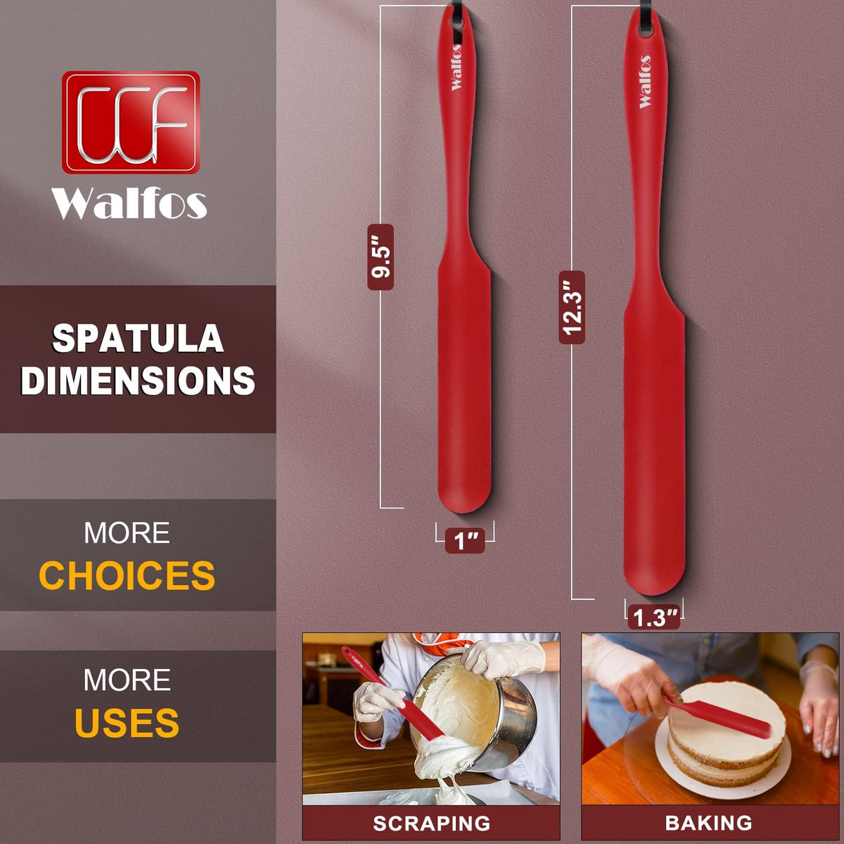 Walfos Silicone Jar Spatula - High Heat Resistant Kitchen Spatulas(450°F）,Cake Cream Butter Spatulas, for Cooking Mixing -BPA Free and Dishwasher Safe Mixing Batter Scraper Spatula, Red(2pcs)