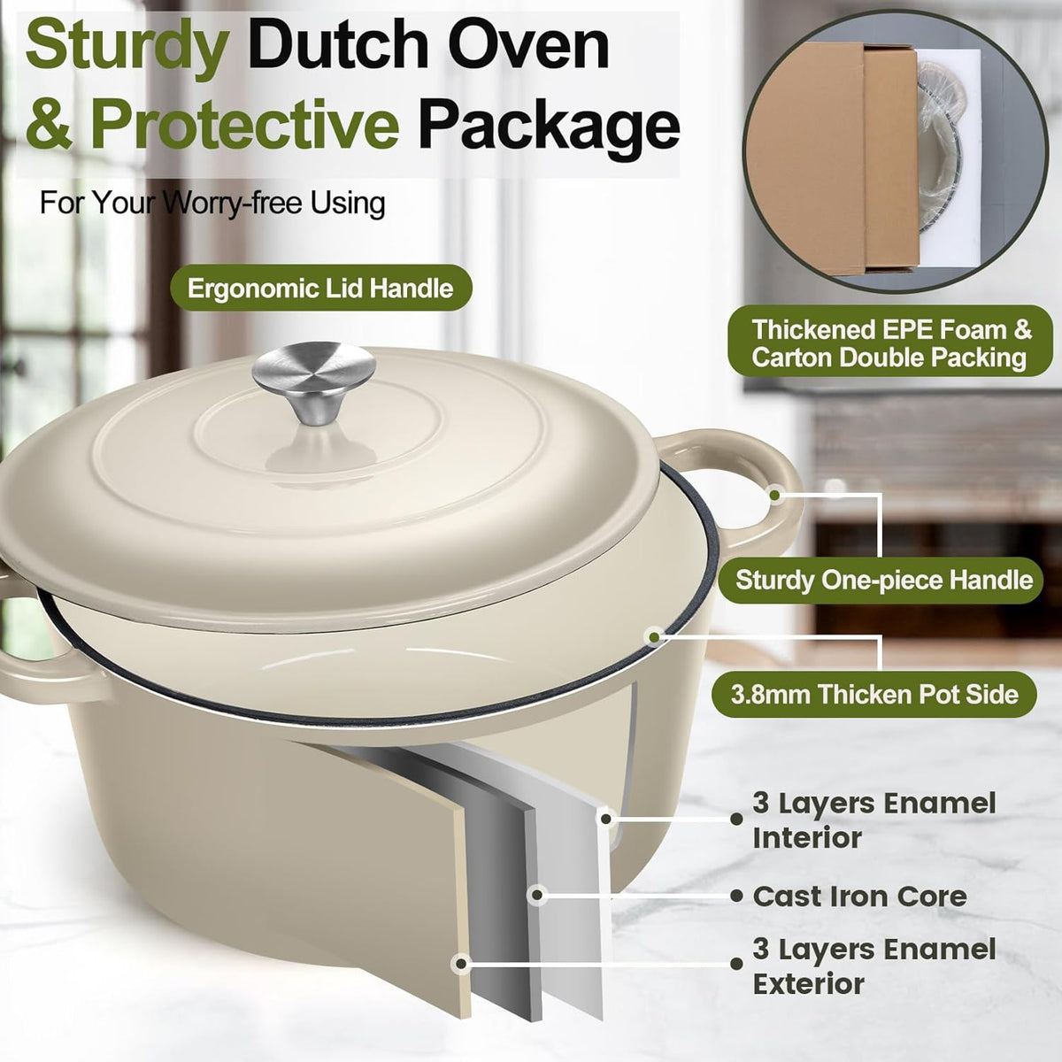 P&P CHEF 6QT Enameled Dutch Oven, Cast Iron Dutch Oven Pot with Lid for Bread Baking, Enameled Casserole Pot for Roasting Braising Stewing Frying Simmering, Various Stoves & Easy Clean, Khaki