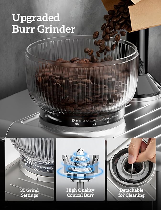 COUPLUX Espresso Machine with Grinder, 5-Temperature (190~205℉) Professional Espresso Machine 58MM with Powerful Milk Frother 15 Bar Expresso Coffee Machines for Espresso Americano Cappuccino & Latte