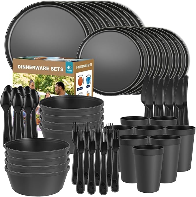 40 Piece Plastic Dinnerware Set for 8 with Cutlery, Unbreakable Plates and Bowls Set, Dishwasher & Microwave Safe Reusable Dish Set for Camping, RV, Outdoor Kitchen, Apartment Dining, Black