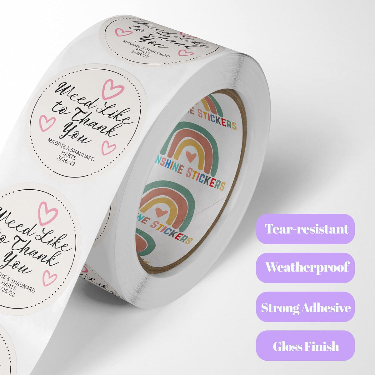 150 Custom Circle/Square BOPP Roll Labels- Personalized Stickers for Business Logo, Party, Wedding Favor, Baby Shower-Any Design Text + Image, Matte/Gloss Finish (2.5 Inch Square)