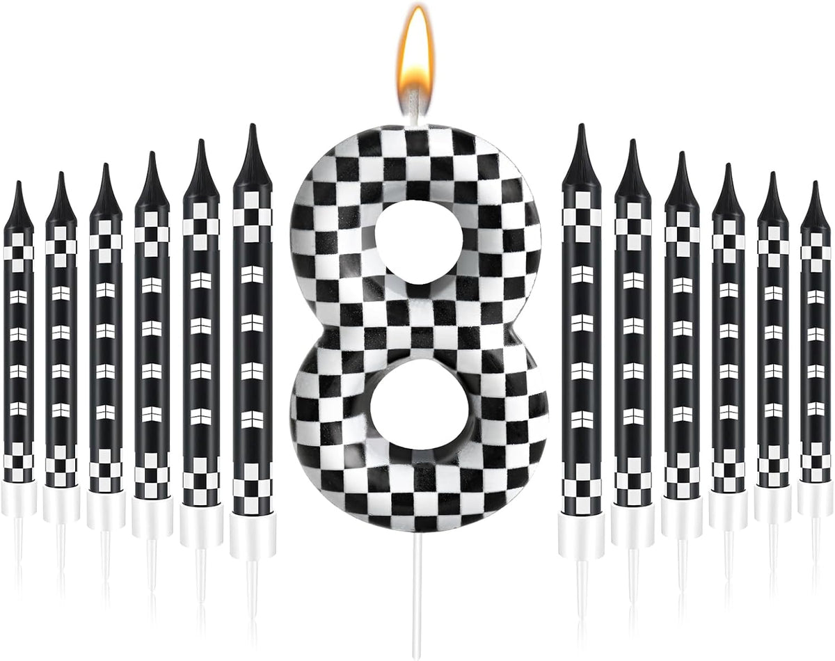 13 Pcs Racing Cars Themed Birthday Candles Black and White Race Number 8 Checkered Candle Cake Topper for Racing Car Party Decoration Supplies (Number 8)