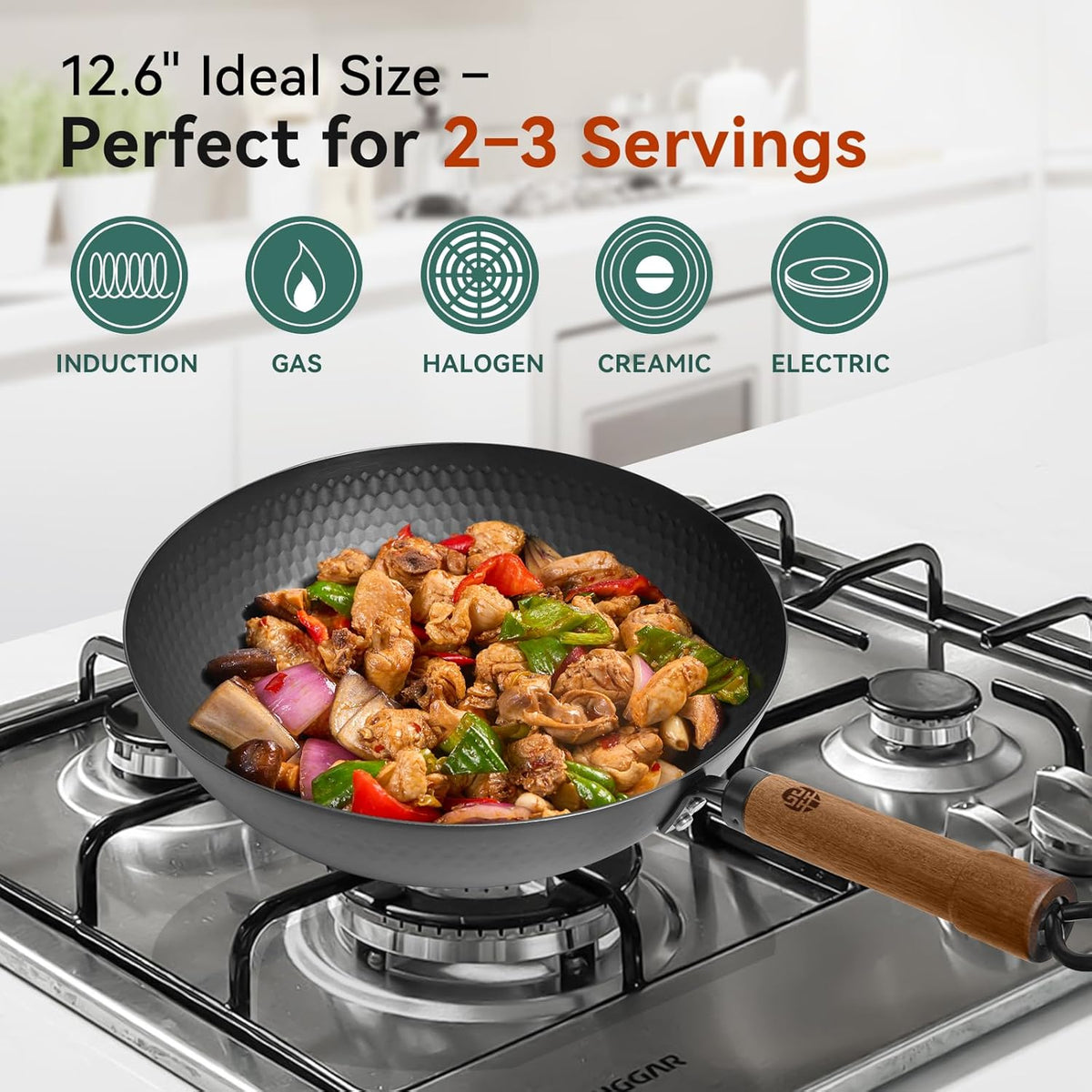 WANGYUANJI 12.6-Inch Wok Pan with Lid, Flat Bottom Wok with Detachable Wooden Handle, Compatible with All Stovetops