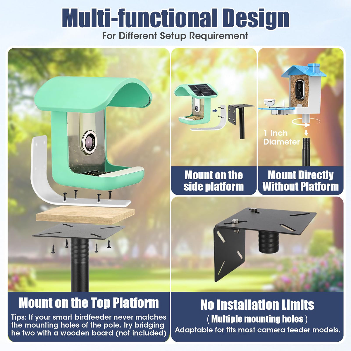 Smart Bird Feeder Pole Stand, 93 Inch Bird House Pole for Outdoors Heavy Duty Adjustable Mounting Pole for Smart Bird Feeder with 1 Inch Dia Bird Feeder Post Weather Station, Black