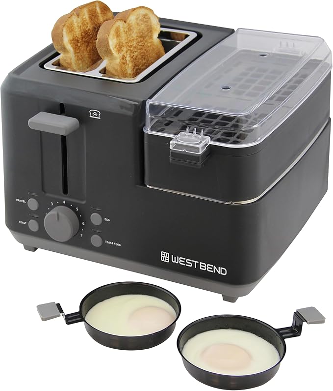 West Bend Breakfast Station 2-Slice Toaster and Egg Cooker/Poacher with Removable Pre-Cooked Meat and Vegetable Warming Tray for Perfect Breakfast Sandwiches, 1200-Watts, Black