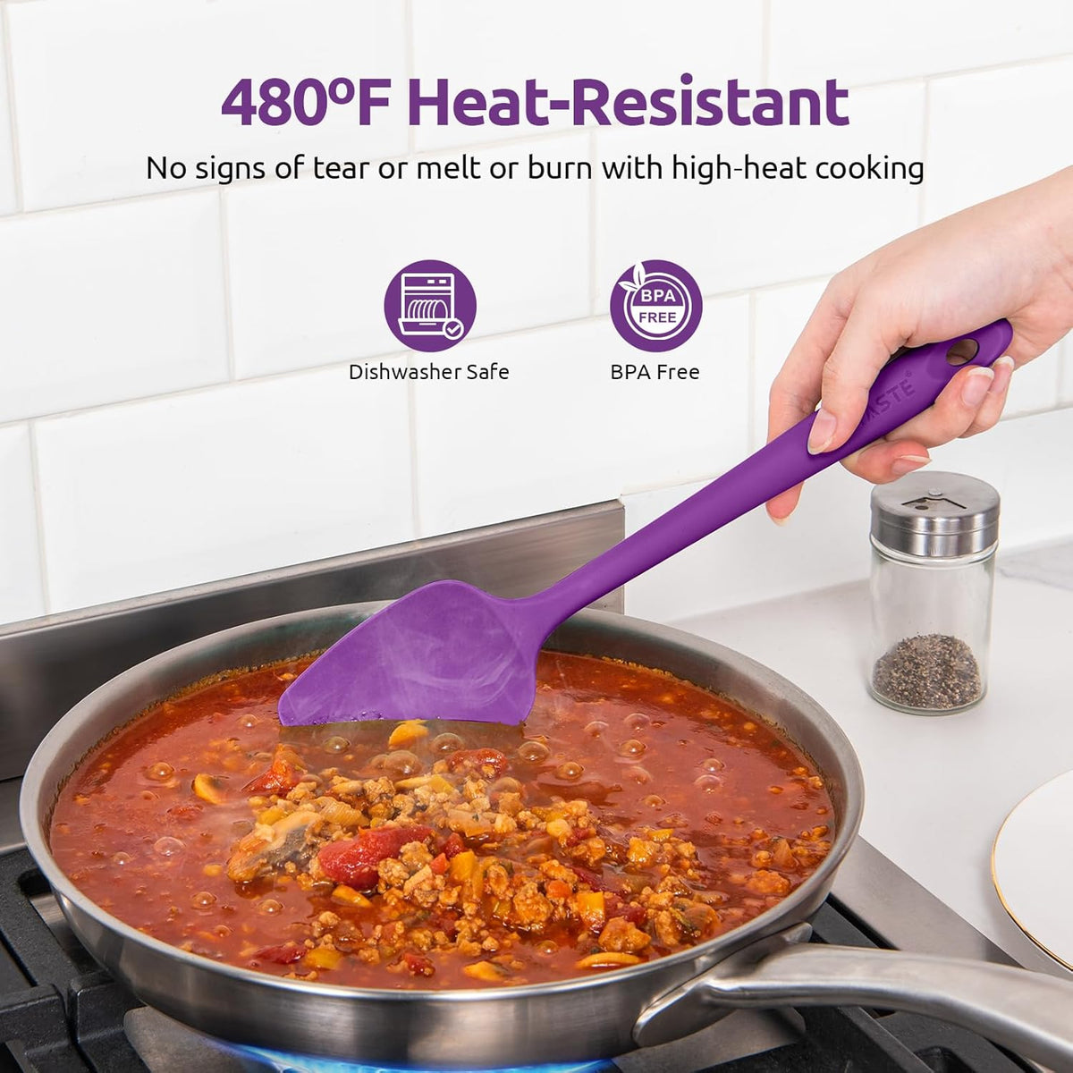 U-Taste Silicone Spoon Spatula Set: 480ºF Heat Resistant Food Grade Flexible Rubber Spoonula, Nonstick Cooking Mixing Scooping Kitchen Baking Scraper Utensils Set of 3 for Pan, Pot, Bowl (Purple)
