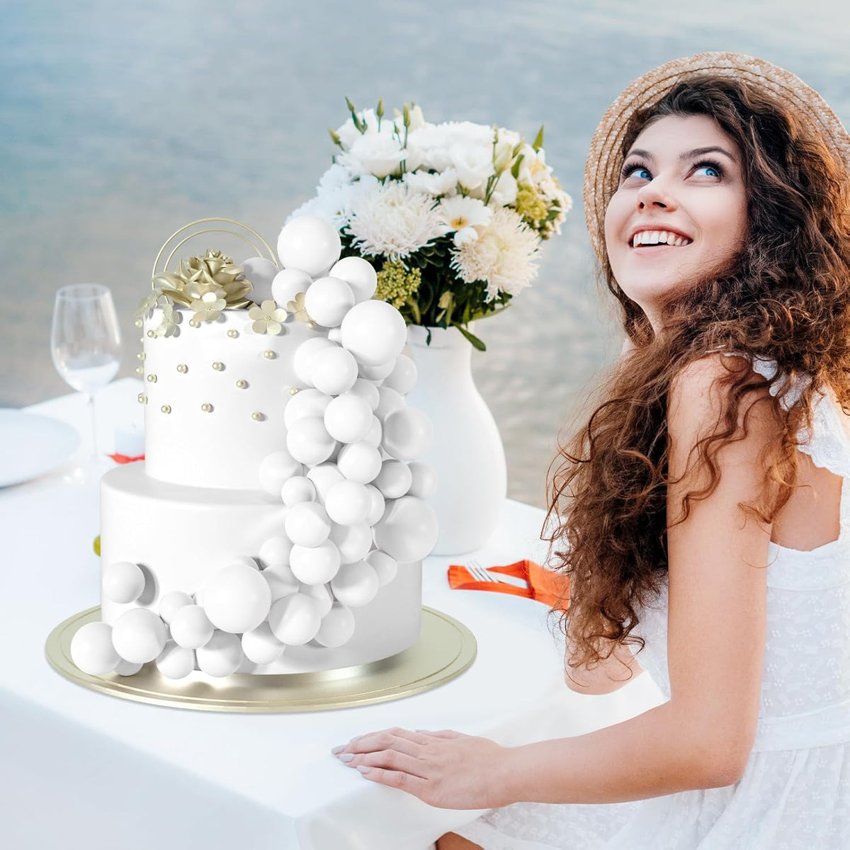 48 Pcs White Balls Cake Topper Decorations Balloon Cupcake Toppers Foam Cake Topper Balls Cake Balls Decorations for Birthday Party Wedding Anniversary Cake Decorating