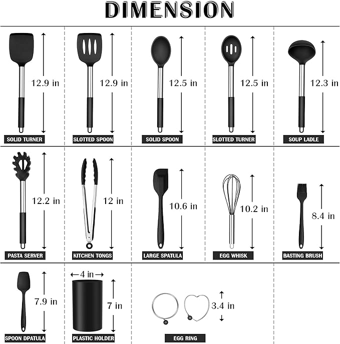 Silicone Cooking Utensils Set, E-far 14-Piece Black Kitchen Utensils Set with Holder, Kitchen Tools Spatulas with Stainless Steel Handle for Non-stick Cookware, Heat Resistant & Dishwasher safe