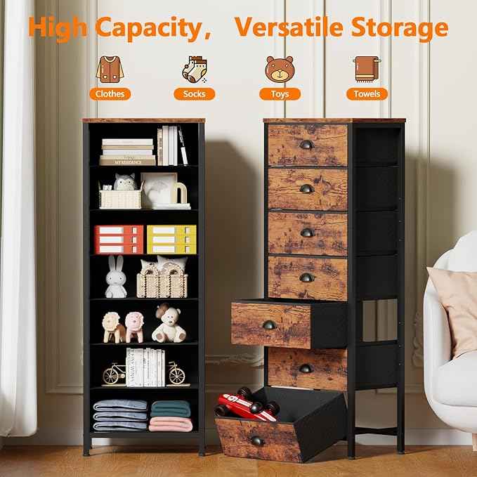Furnulem Bedroom Dresser with 7 Drawers,Tall Industrial Fabric Chest of Drawers, Vertical Storage Tower Bedside Furniture in Living Room,Closet,Entryway-Sturdy Steel Frame(Rustic Brown)