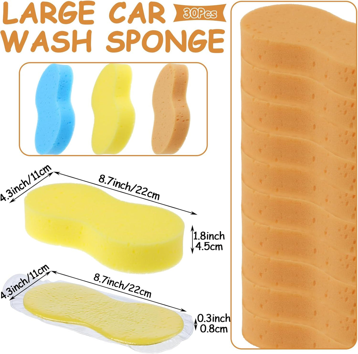 30 Pcs Large Car Wash Sponge, Multi Purpose Car Cleaning Sponge, Non-Scratch Thick Dish Sponge Household Cleaning, High Foam Cleaning Sponge Washing Sponge for Kitchen Bathroom Cars(3 Colors)