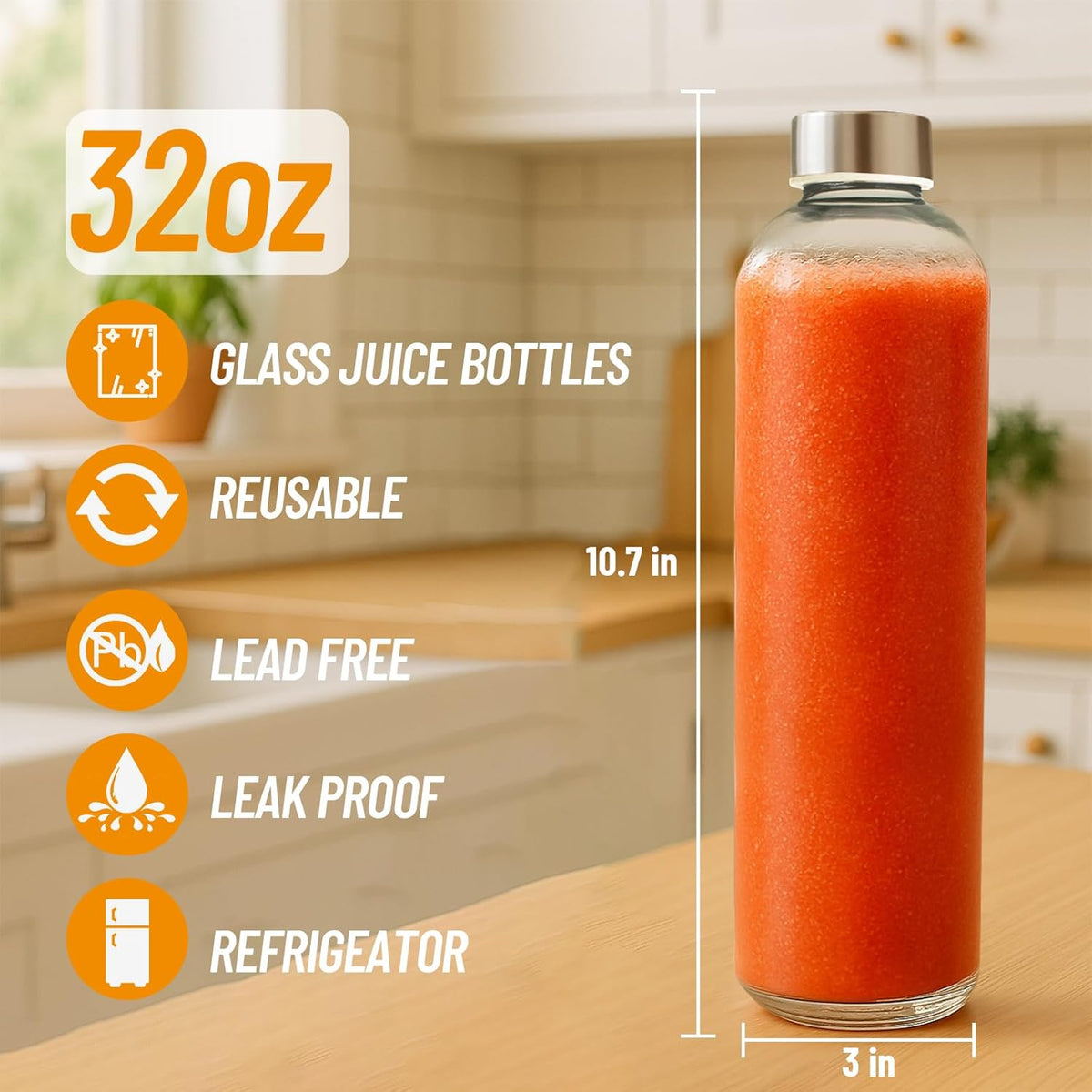 32 oz Clear Glass Water Bottles with Lids, Reusable Glass Juice Bottles with Stainless Steel Cap for Juicing, Refrigerator, 100% Leak Proof, BPA Free, Gift Set of 3