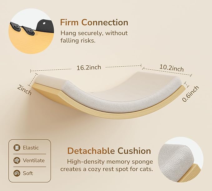 Cat Wall Shelves and Cats Window Perch – Natural Wood 4-Piece Set with Foam-Padded Curved Bed and Felt Steps, Space-Saving Wall Mounted Design
