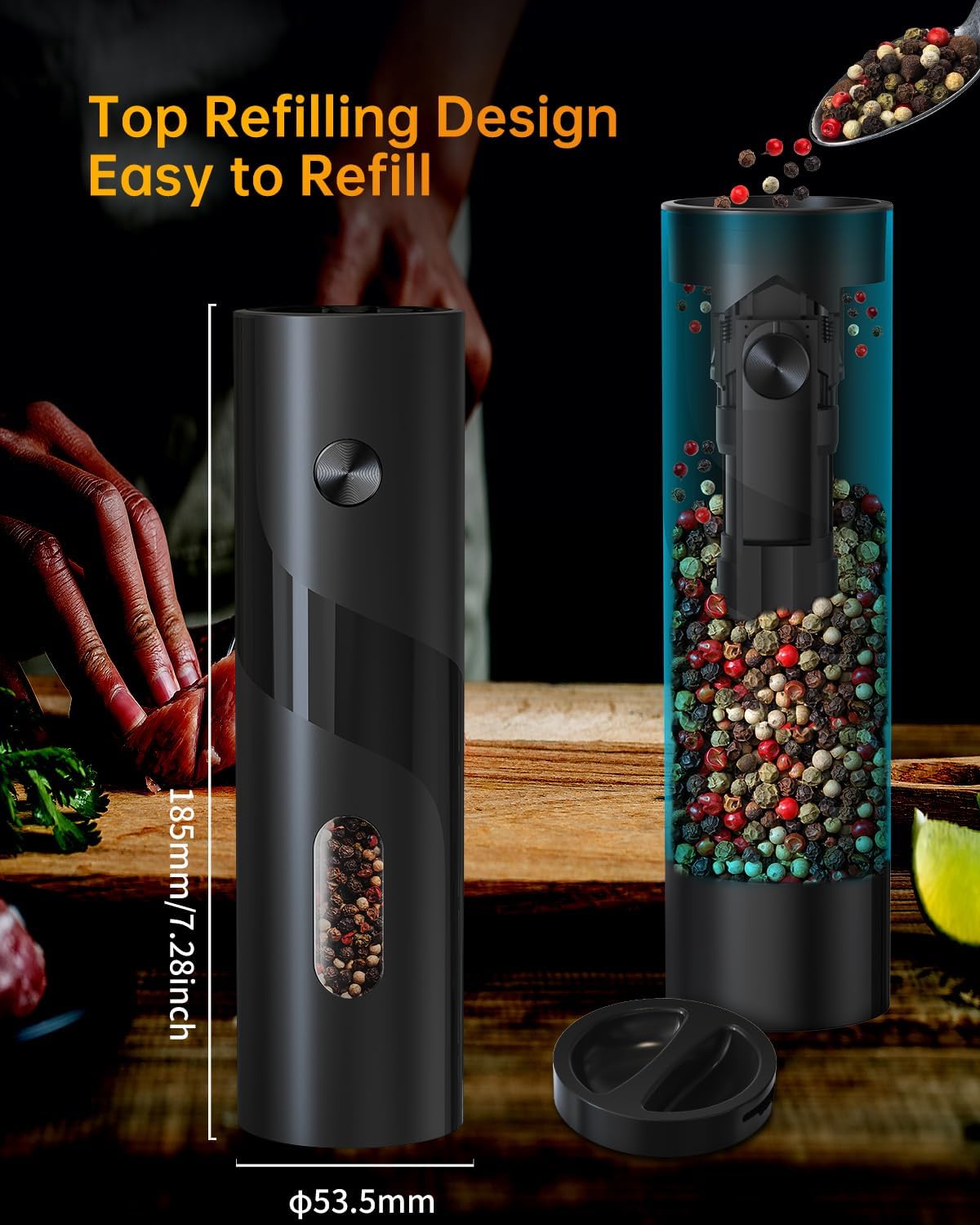 CIRCLE JOY Electric Salt and Pepper Grinder Set Top-Refill Automatic Salt and Pepper Mill Grinder, Battery Operated Adjustable Coarseness, Easy Filling Upgraded Larger Capacity with Led Light