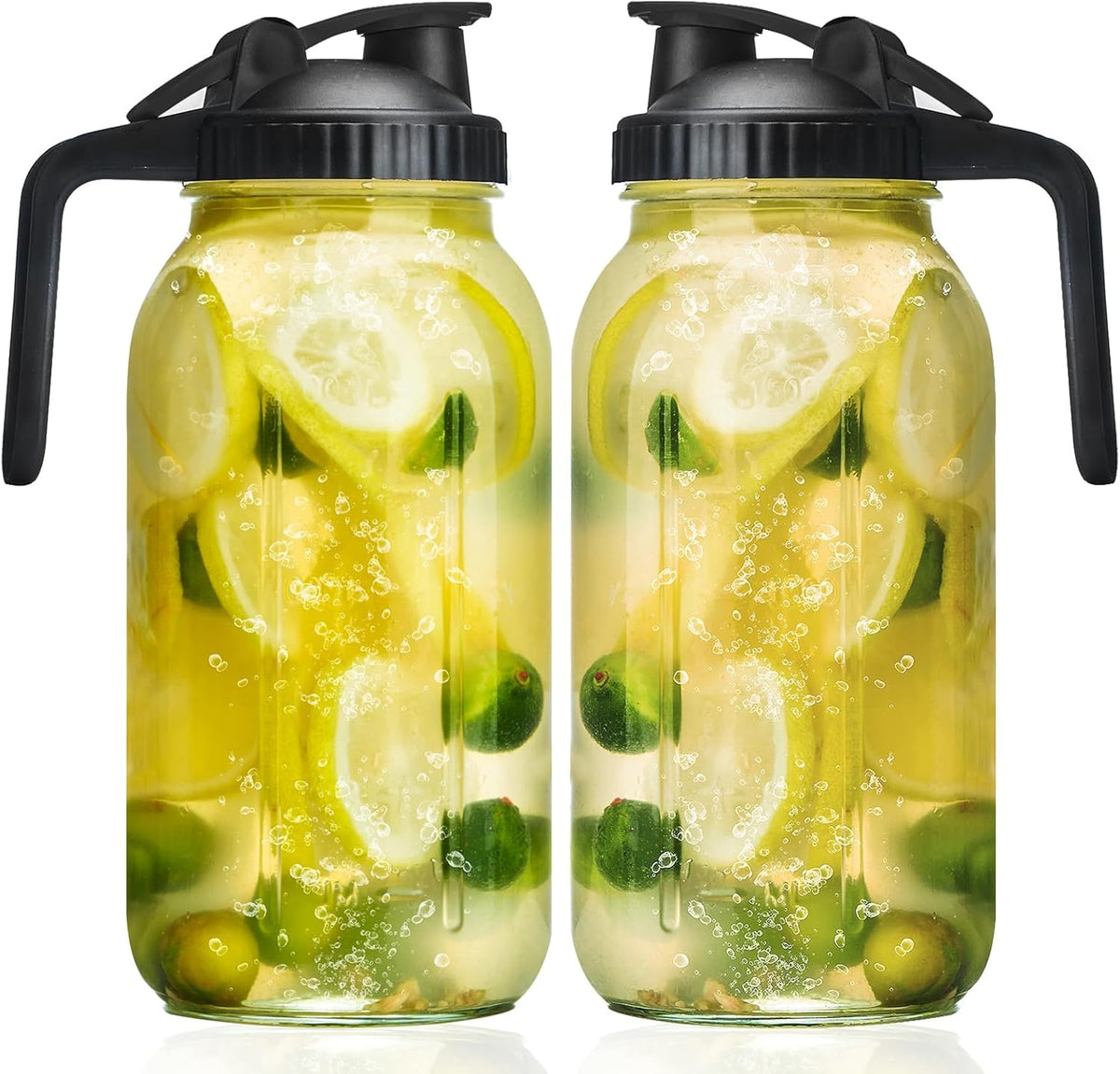Glass Mason Jars Pitcher 64 Oz Pour Spout Lids & Handle (2 Pack) Wide Mouth Airtight Leak Proof Fridge Breast Milk Pitcher With Top Flip Cap 2 Quart Water Jug For Cold Brew Coffee, Iced Tea,