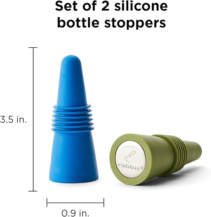 Rabbit Wine and Beverage Bottle Stoppers with Grip Top (Blue, Set of 2)