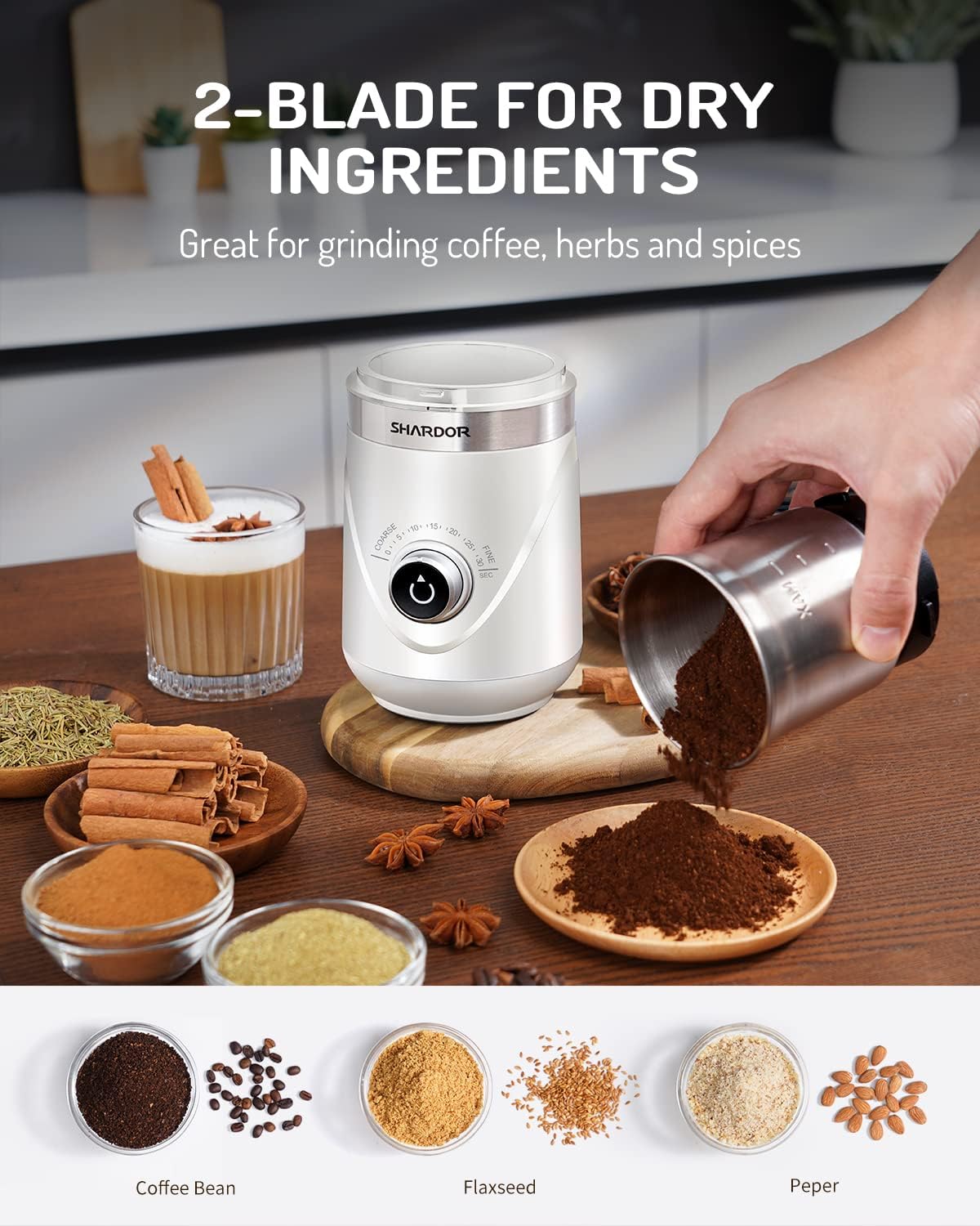 SHARDOR Electric Super Silent Blade Coffee Grinder, Timed Grind Control Rotary Knob, Adjustable Coarse to Fine for Coffee Beans, Spices & Herbs, with 2 Removable Stainless Steel Bowl, White