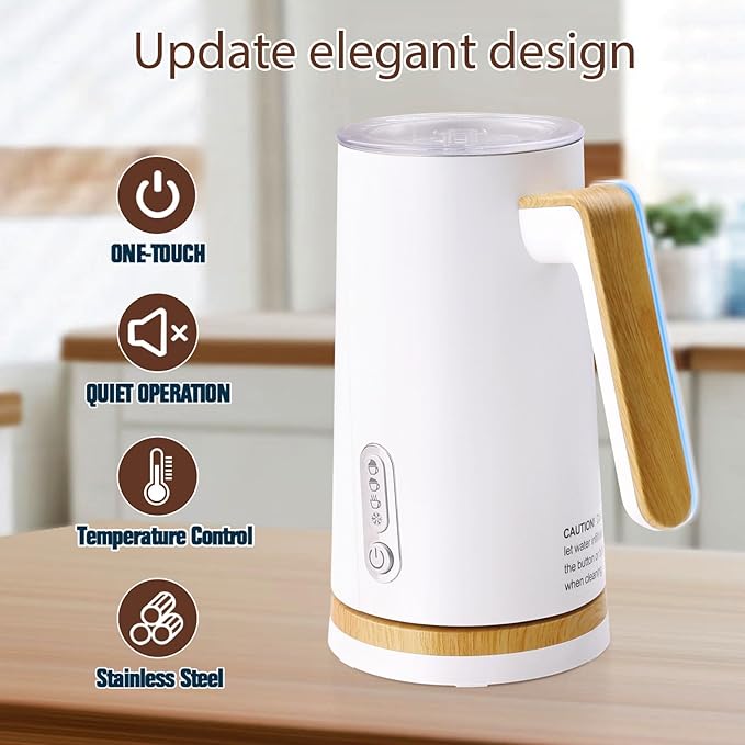 Electric Milk Frother and Steamer, 4-in-1 Milk Steamer with Wood Elements Design, Automatic Hot & Cold Foam Maker for Latte, Cappuccinos, Macchiato, Milk Warmer, Black (white)