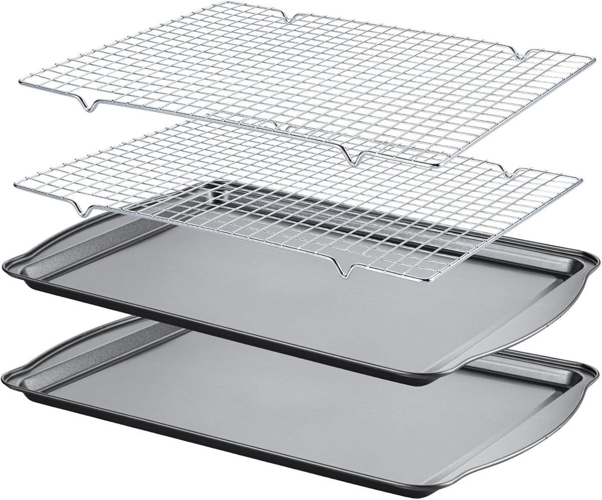 Baking Sheet with Cooling Racks - Carbon Steel Cookie Sheets for Baking [2 Sheets + 2 Racks], Nonstick Baking Pans, Perfect for Baking, Roasting, and More, Size 17 x 11 x 0.5 Inches