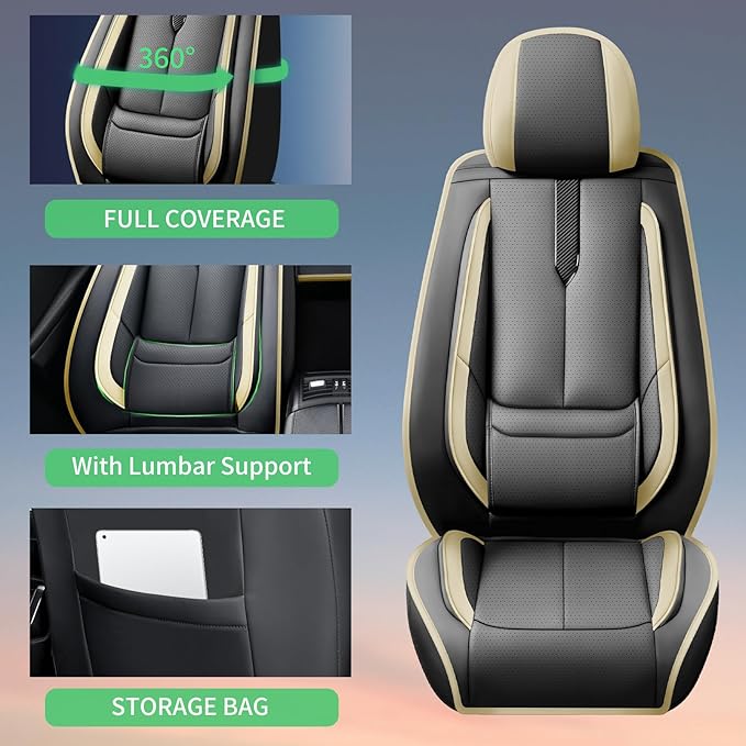 Fit Passport Car Seat Covers for Honda Passport 2019-2025 2026 -Upgraded Premium Waterproof & Breathable Leather,Airbag Compatible,All-Weather Seat Cushion Protector,2 Front/Black-Beige