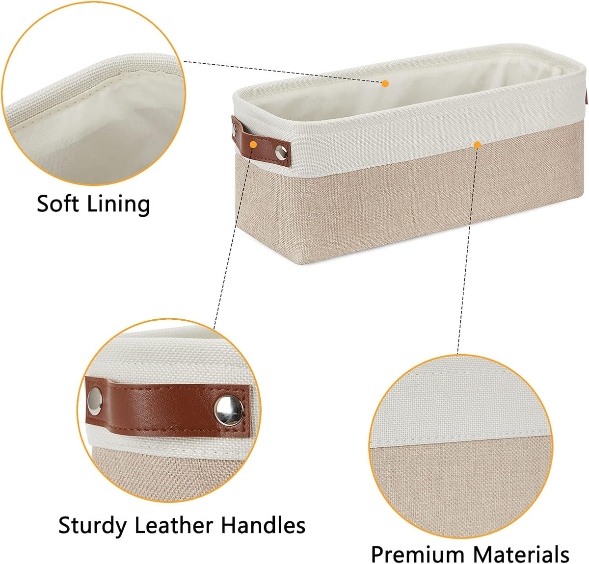 DULLEMELO 2-Pack Bathroom Baskets for Toilet, Small Storage Bins for Organizing Closets, Cabinets, Shelves, Canvas Fabric Storage Basket Bins With Leather Handles for Empty Gift Basket (White&Khaki)