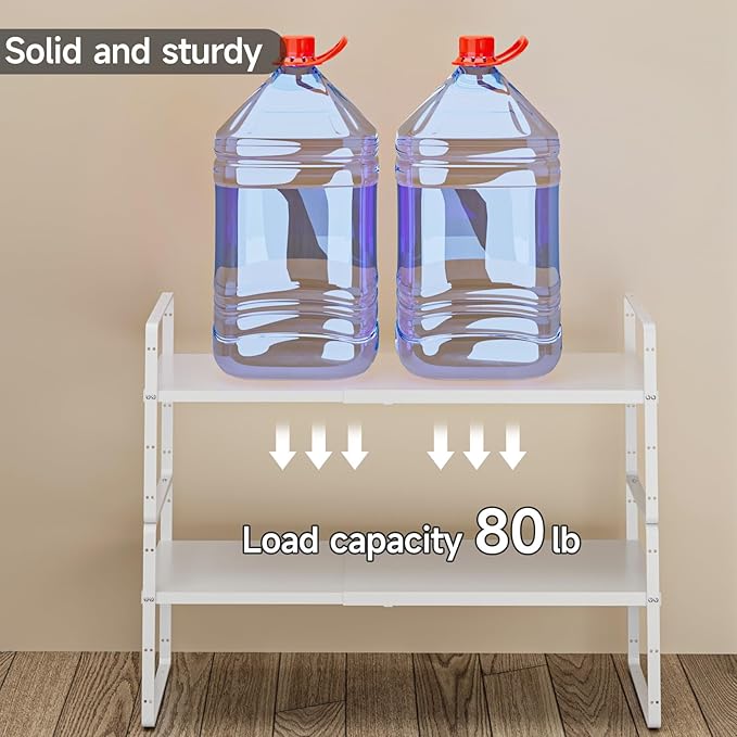 2Pack 16.5-27’’L Expandable Kitchen Shelf Organizer, Stackable Shelves Organizer, Adjustable Height Pantry Spice Rack for Cabinet, Countertop, Pantry and Cupboard, White