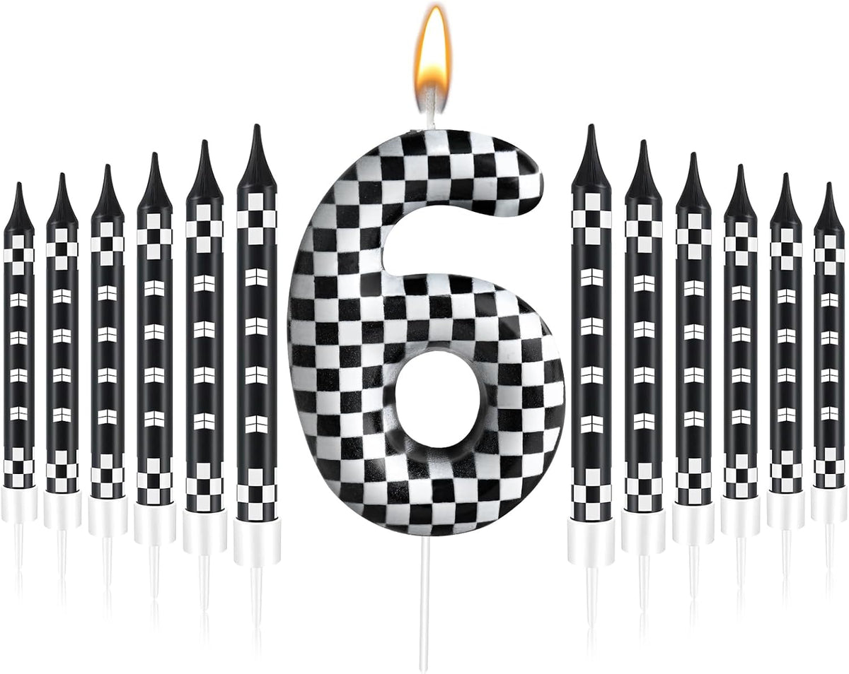 13 Pcs Racing Cars Themed Birthday Candles 12 Black and White Race Number 6 Checkered Candle Cake Topper for Racing Car Party Decoration Supplies (Number 6)