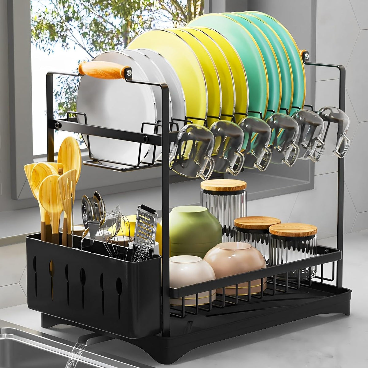 2-Tier Large Dish Drying Rack for Kitchen Counter with Drainboard and Cutlery Holder, 2 Tier Dish Drying Rack, Black,16.54" D x 11.81" W x 17.71" H
