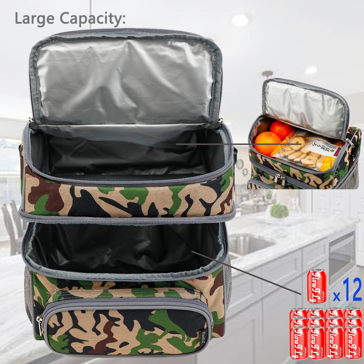 FlowFly Double Layer Cooler Insulated Lunch Bag Adult Lunch Box Large Tote Bag for Men, Women, With Adjustable Strap,Front Pocket and Dual Large Mesh Side Pockets