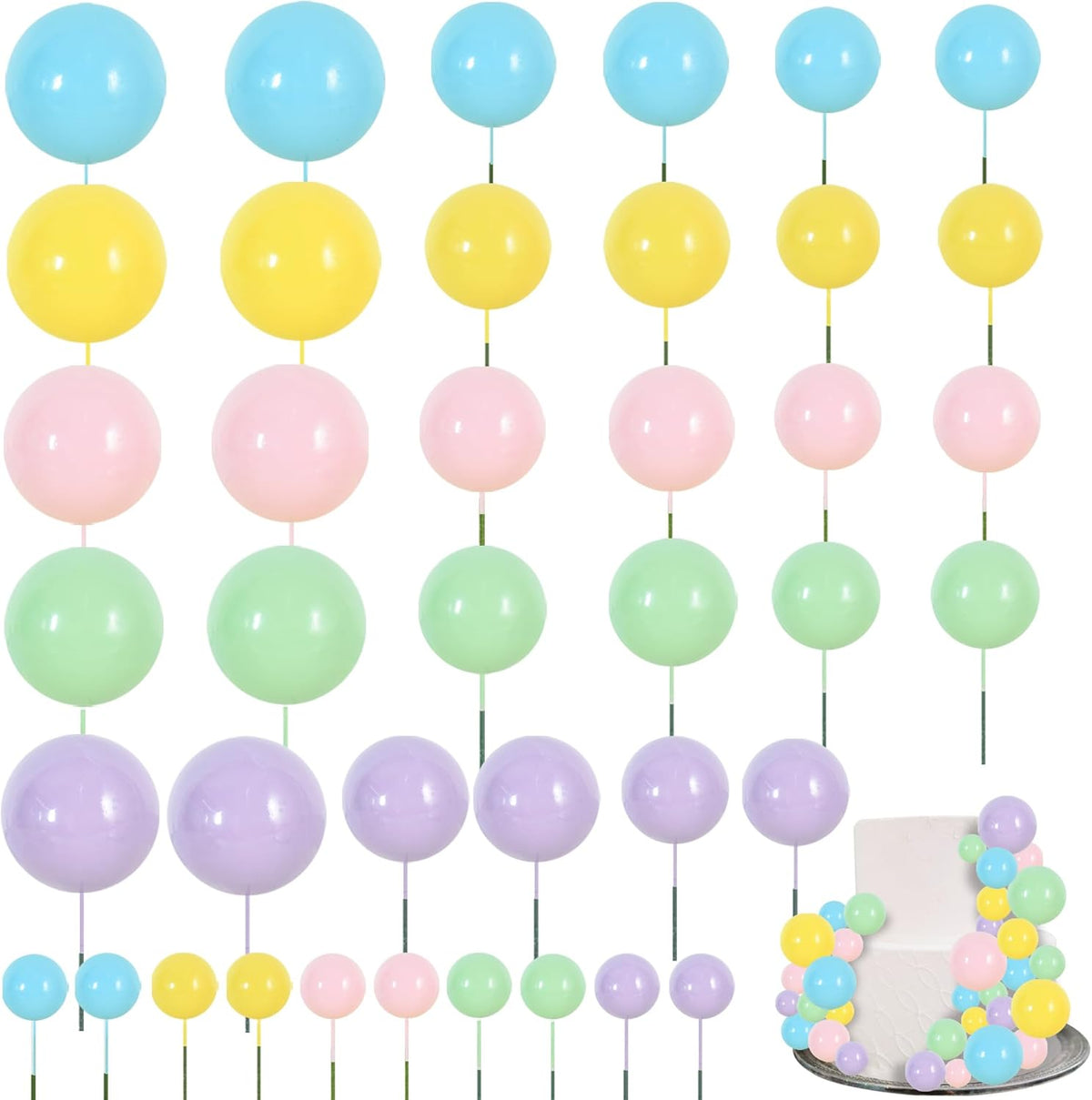 BEISHIDA 40 Pcs Foam Ball Cake Toppers with Sticks Mini Cake Decorations for Birthdays, Weddings, Baby Showers, DIY Baking Supplies, Anniversary Party (Pastel Color)