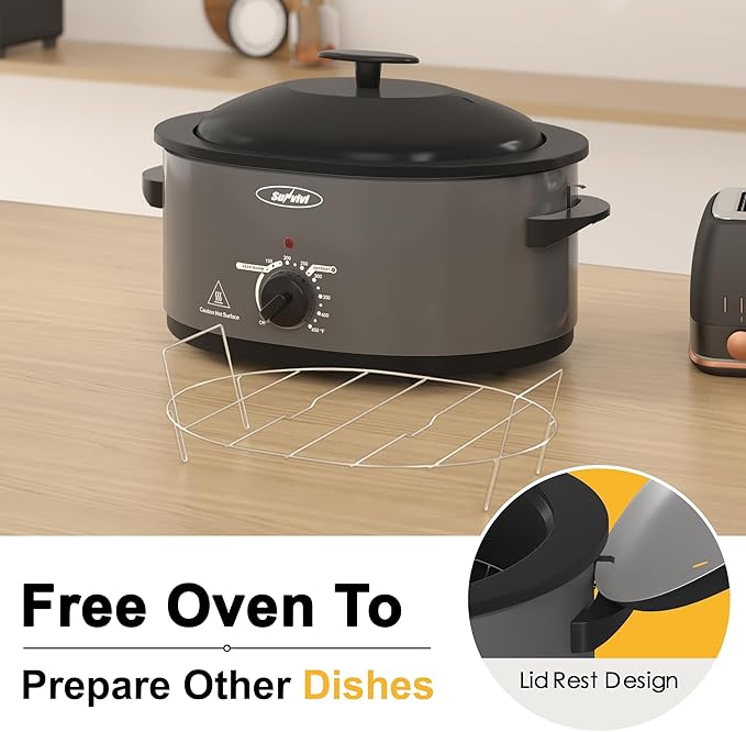 8 Quart Roaster Oven with Self-Basting Lid, with Removable Roasting Rack, Turkey Defrost & Warm Function, Adjustable Temperature for Use as a Slow Cooker, Stainless Steel, Grey