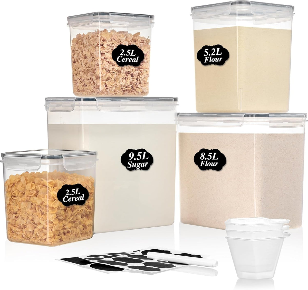 Vtopmart 5 Pack Large Flour and Sugar Storage Containers Set, Airtight Kitchen Pantry Organizers and Storage with Lids for Bulk food, Baking Supplies, BPA Free, Black