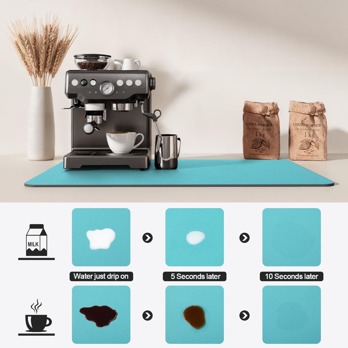 Dish Drying Mat for Kitchen Counter | Coffee Bar Mat for Countertops | Heat Resistant Drainer Mat with Non-slip Rubber Backed | Hide Stain Kitchen Absorbent Draining Mat | Turquoise 18"x32"