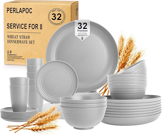 Wheat Straw Dinnerware Sets, Plates and Bowls Sets, 32 PCS Dinnerware Sets Service for 8, Unbreakable Reusable Plates Set, Outdoor Kitchen and Apartment Dinning Essentials - Gray