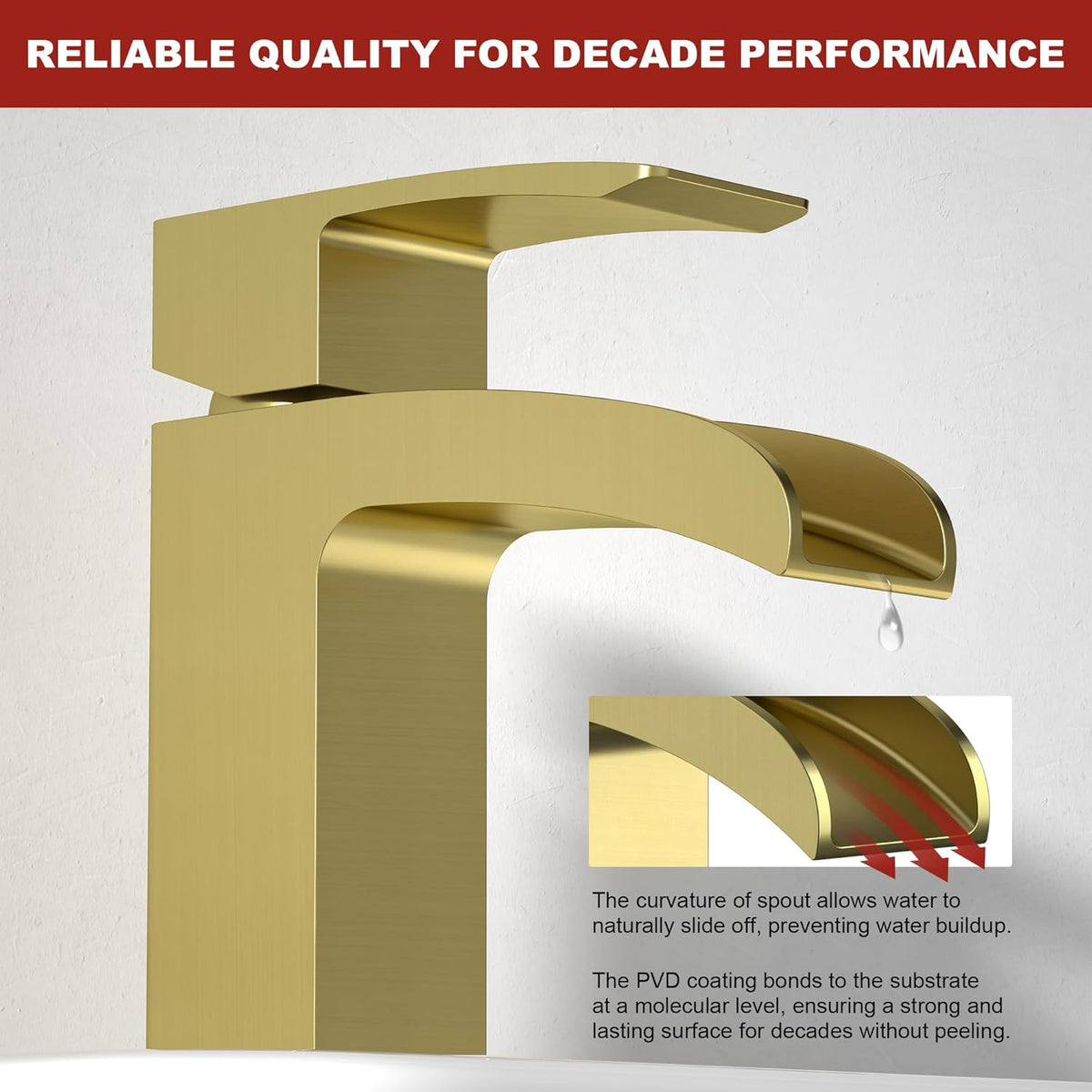 Brushed Gold Bathroom Faucet Waterfall Vanity Faucet for Brass 1 Hole Sink Single Handle Modern Mixer Tap with Pop-up Drain Stopper for Lavatory Farmhouse Rv