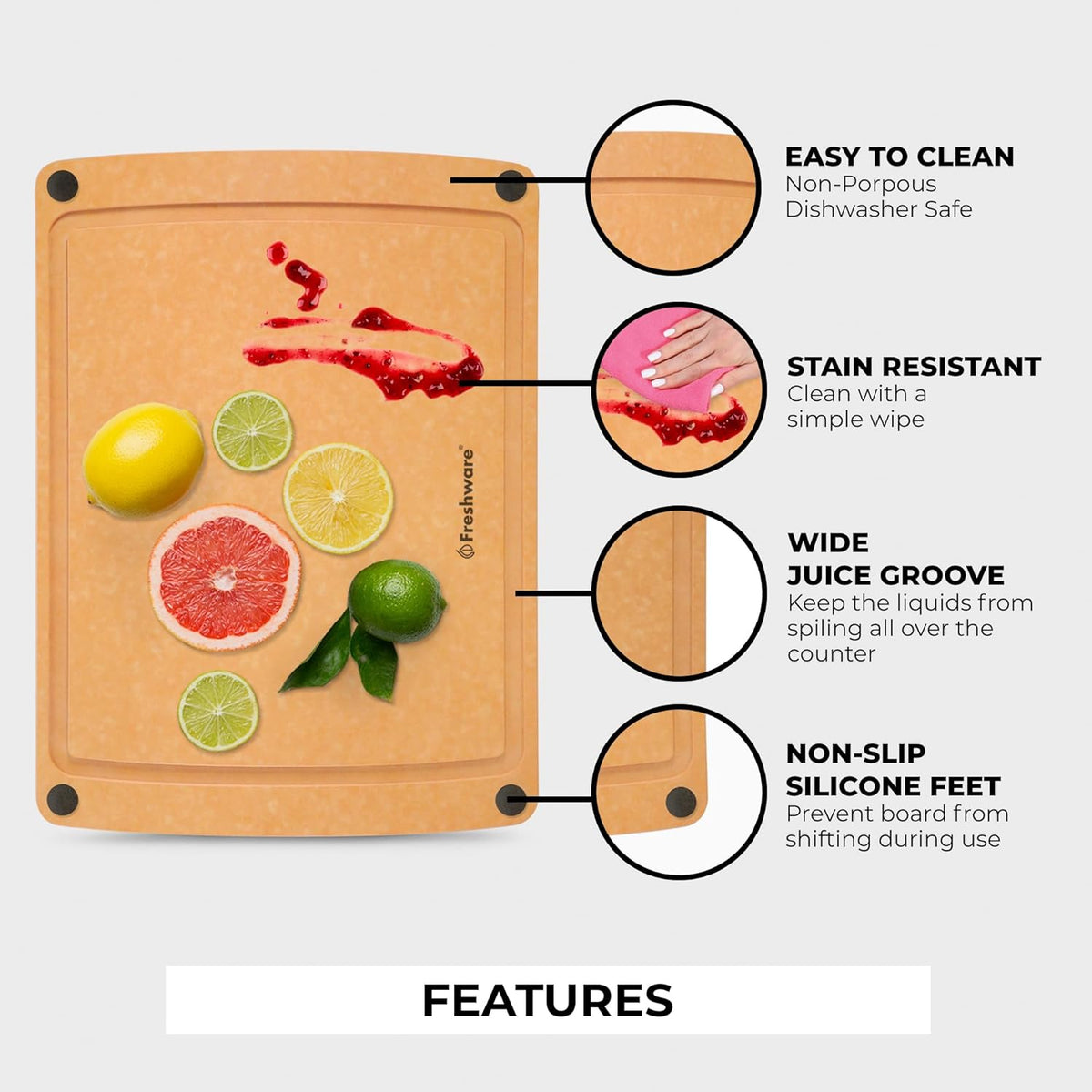 Freshware Wood Cutting Board for Kitchen, Juice Groove, Non-Slip Silicone Feet, Dishwasher Safe, Medium, 12" x 9", Natural