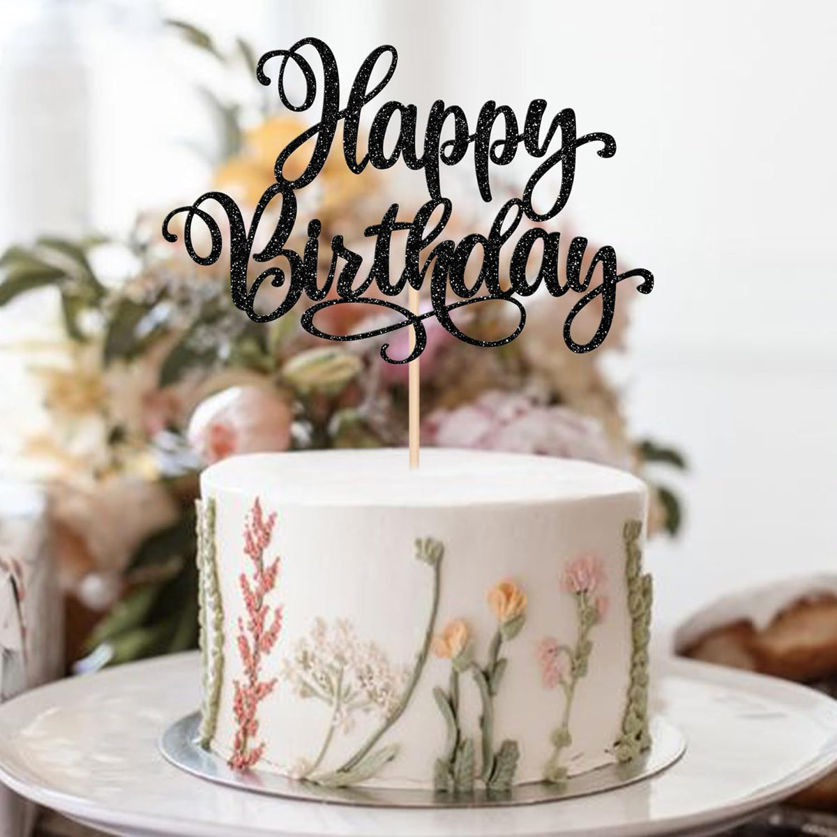 ZHUOWEISM 1 PCS Happy Birthday Cake Topper Glitter Happy Birthday Cake Pick Bunting Decor for Anniversary Celebrating Happy Birthday Party Cake Decorations Supplies Black