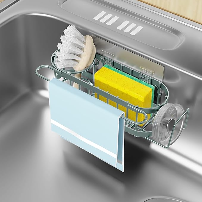 Cisily Sage Green Kitchen Sink Caddy Sponge Holder in the Sink, Stainless Steel Kitchen Organizer, Brush Holder, Dish Cloth Hanger 2 Installation Ways (Suction & Adhesives