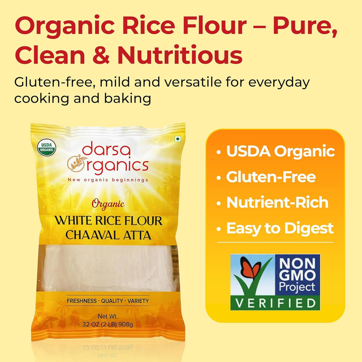 Darsa Organics White Rice Flour - Premium Organic, USDA Certified, Non-GMO, Gluten-Free Rice Powder for Baking & Cooking, Chemical-Free, Long Shelf Life, Food Grade Pouch - 2 lb (908g)