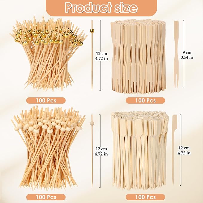 400PCS Cocktail Picks, Sublaga 4.7" Eco-friendly Natural Bamboo Ball Food Picks, Fancy Toothpicks for Appetizers, Drinks Party Fruit, Bamboo Gold Ball Food Sticks Charcuterie Boards Accessories