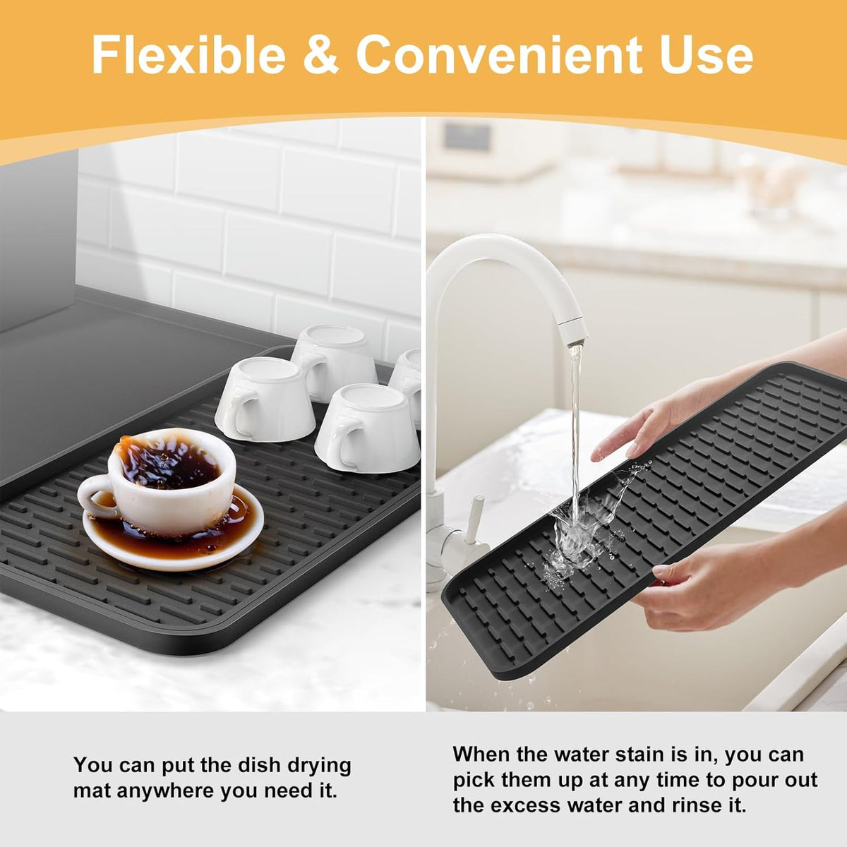 Silicone Coffee Mat,16''x16'' Coffee Bar Mat with Detachable Dish Drying Mat for Kitchen Countertops,Coffee Bar Accessories Fit Under Coffee Maker Coffee Machine Coffee Pot Espresso Machine Dish Rack