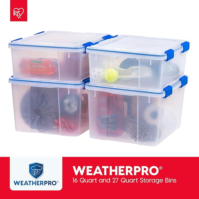 IRIS USA WeatherPro 16 Qt Storage Bins with Lids, 3 Pack, BPA-Free Plastic Gasket Box with Tight Latch and Seal, Stackable Nestable Tote Tub - Clear/Blue
