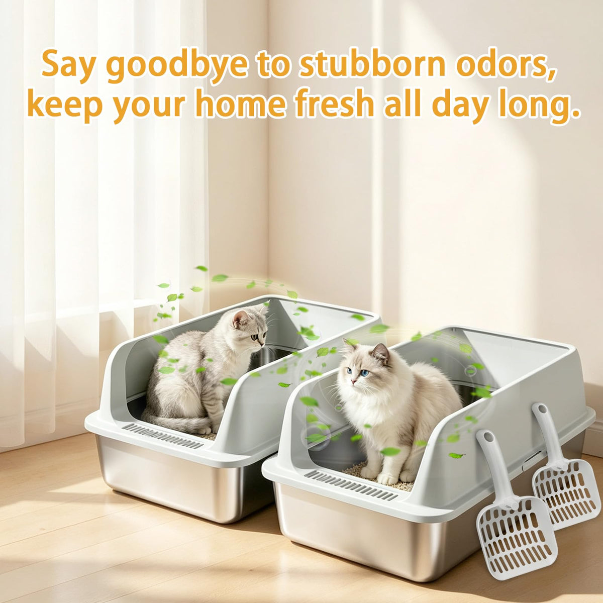 Camvivid Stainless Steel Cat Litter Box 2 Pack - High Side Pan with Anti-Tracking Step,Rolled Edge & Leak-Proof Base,Cover,Scoop,Anti-Slip Pads,Easy Clean Toilet for Senior Large Indoor Cat Gray