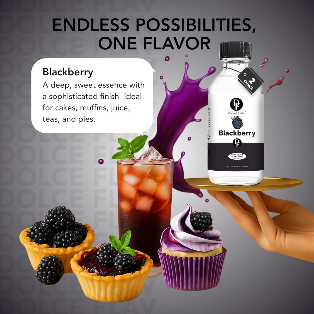 Dolce Flav Blackberry Extract - 2 Ounce Water-Soluble Multipurpose Flavoring Ideal for Baked Goods, Beverages, Coffee, Desserts & Ice Cream - Perfect Kitchen Gift for Holidays
