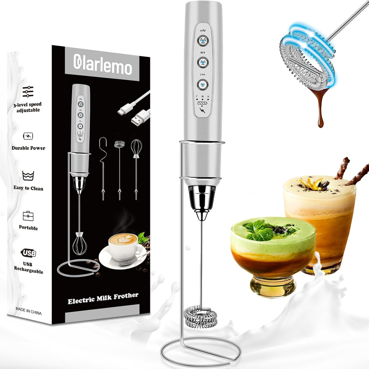 Milk Frother Handheld Rechargeable with Stand, Frother Wand Drink Mixer Electric Whisk for Coffee, Detachable With 3 Stainless Whisks, Hand Mixer for Lattes, Cappuccino, Matcha, Egg, Silver