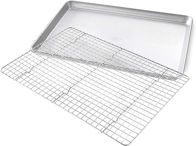 USA Pan 1607CR Bakeware Extra Large Sheet Baking Pan and Bakeable Nonstick Cooling Rack Set, XL, Metal