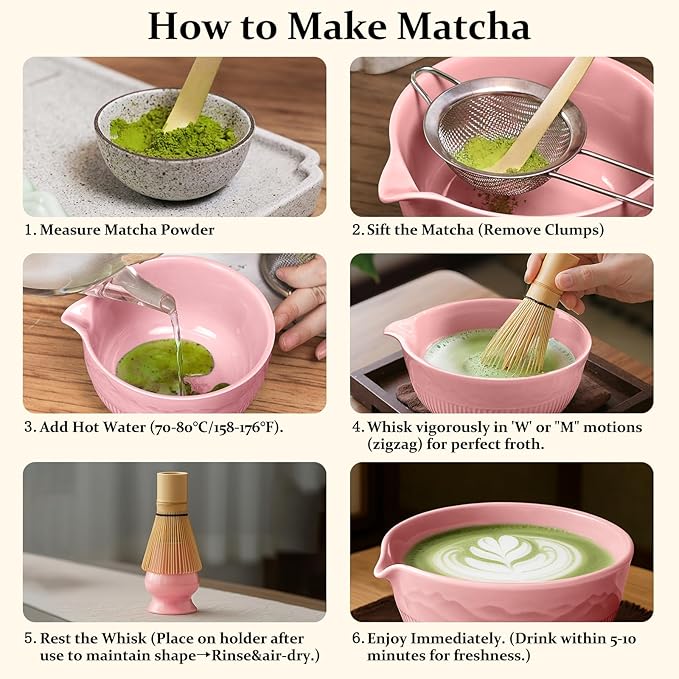 7PCs Pink Matcha Whisk Set Traditional Japanese Matcha Kit with Whisk and Bowl Matcha Making Accessories Bamboo Chasen Tea Spoon Holder Sifter Tea Towel Ceremony Macha Tea Set for Beginners