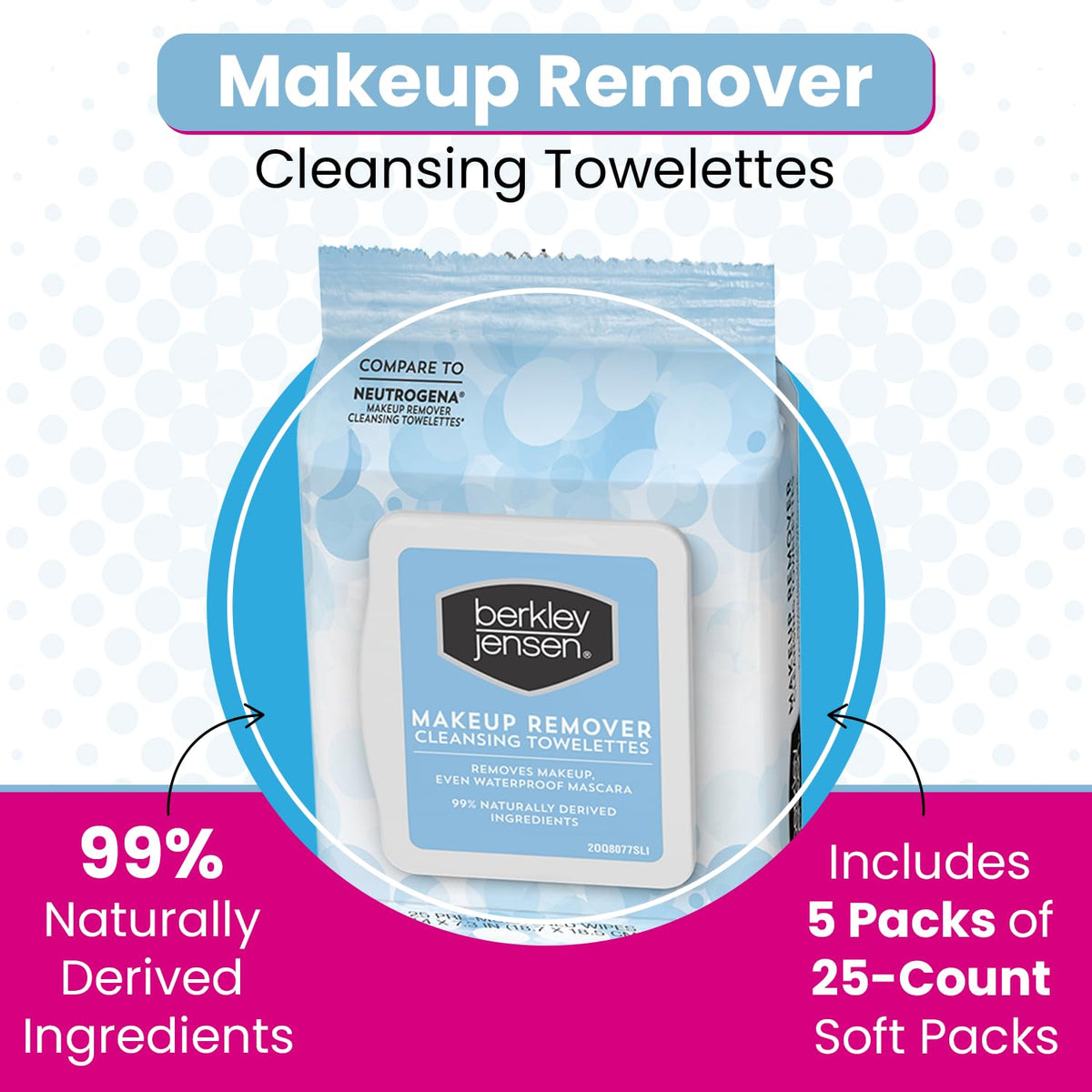 Berkley Jensen Makeup Remover Wipes, 125 Towelettes (Pack of 5, 25ct. Each) - Alcohol and Dye Free Makeup Remover - Waterproof Facial Cleansing Wipes - Hypoallergenic & Dermatologist-Tested Towelettes